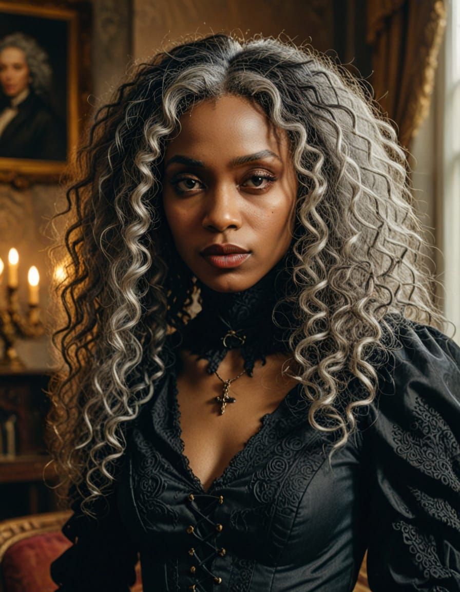 Gothic Ebony Woman in Dimly Lit Living Room