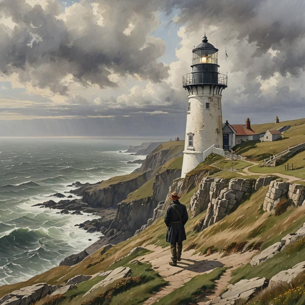 Lighthouse Keeper on Windswept Cliff