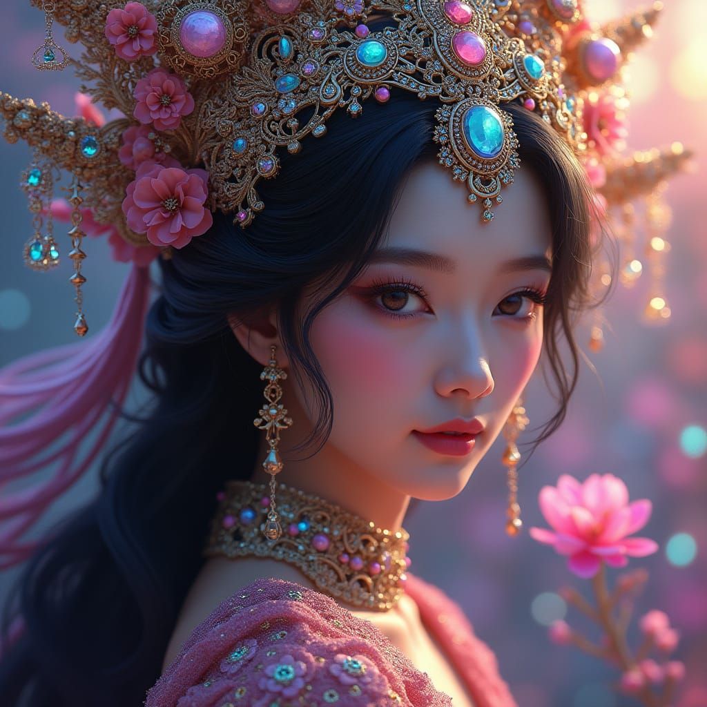 Eastern Goddess in Vibrant Dreamscape with Iridescent Backgr...