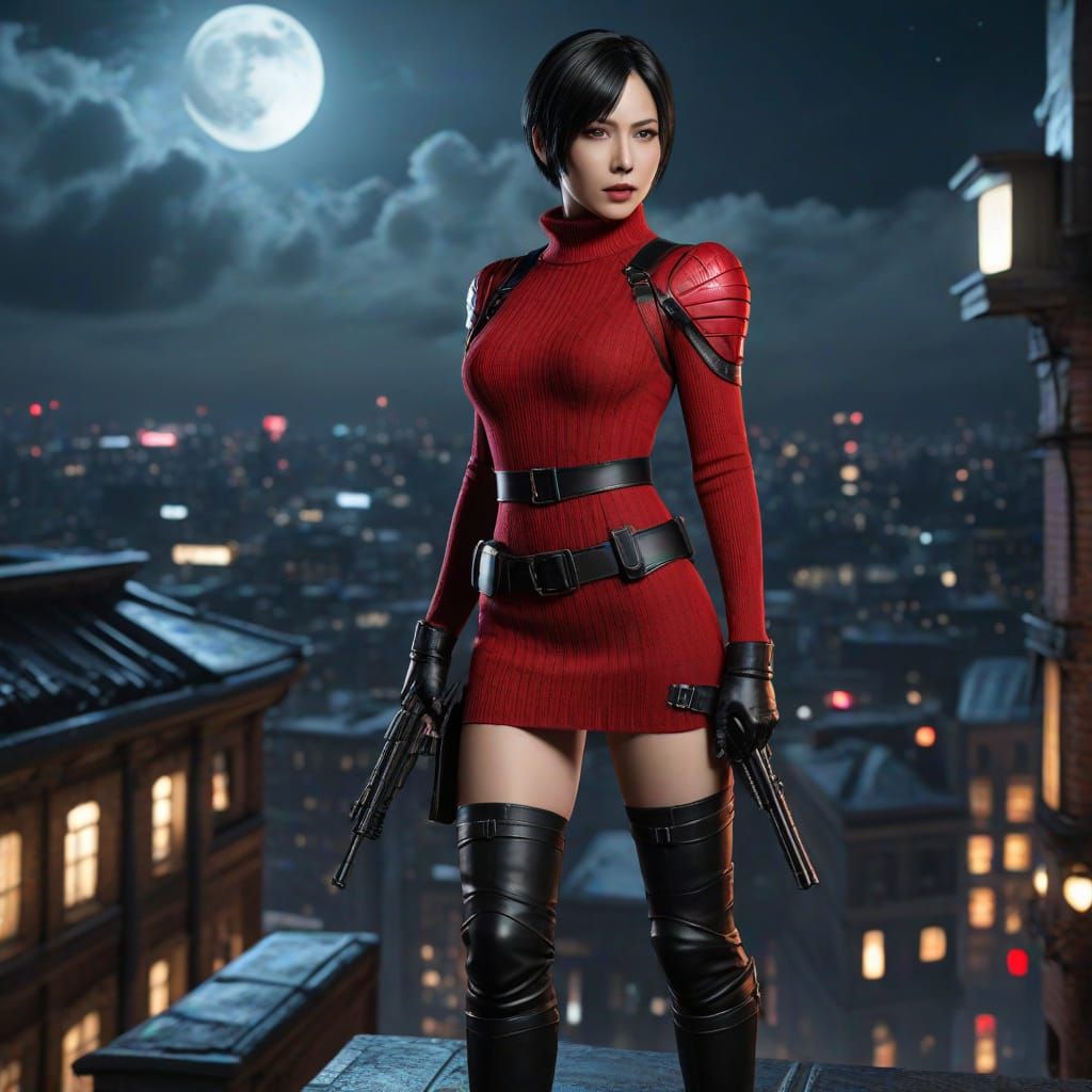 Ada Wong standing on the roof of a building at night.