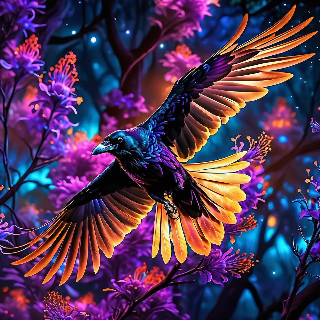Breathtaking Bioluminescent Raven in Flight: An Airbrushed M...