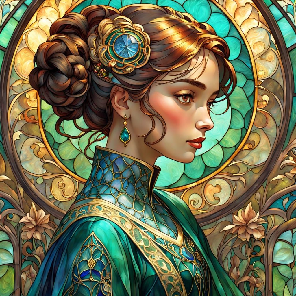 Surrealist Art Nouveau Portrait with Stained Glass and Koru ...