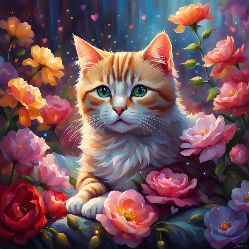 Cute Cat with Flowers in Iridescent Digital Art