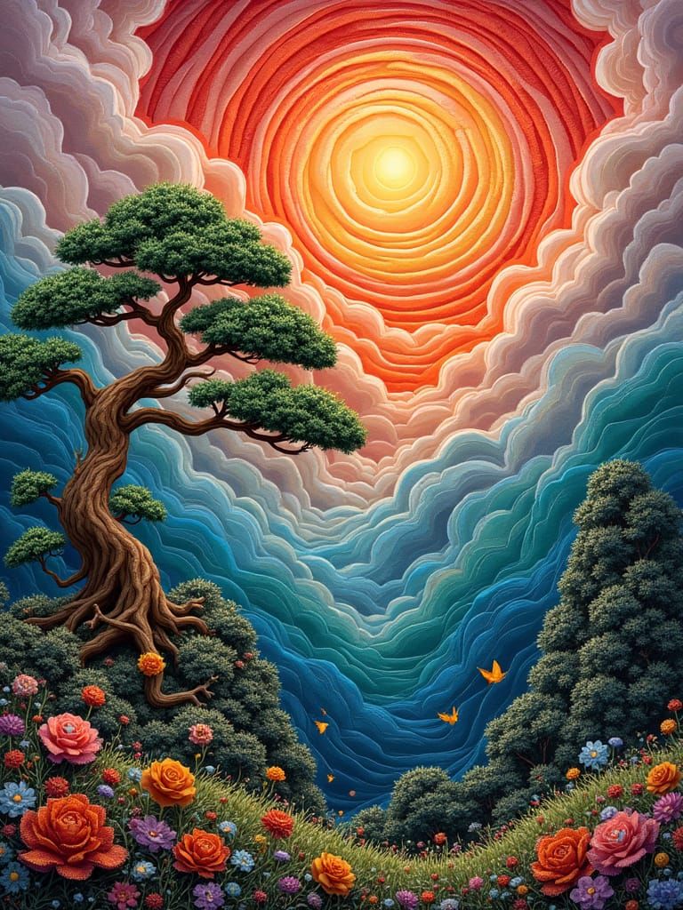 Dreamlike Bonsai Landscape with Swirling Clouds