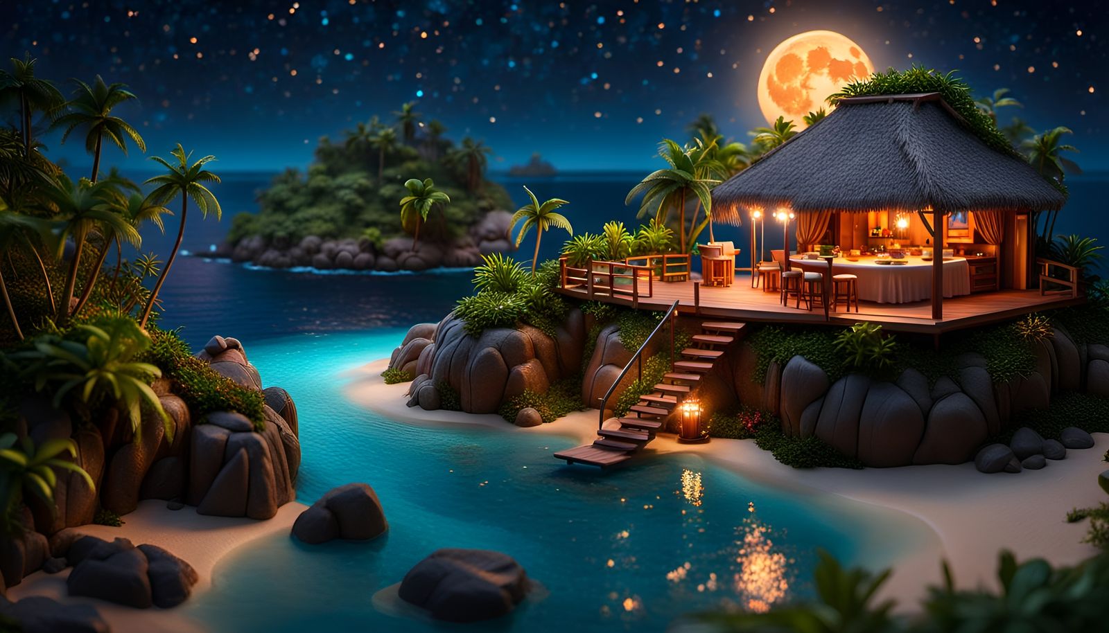 Floating Island Oasis Diorama in Magic Realism Style