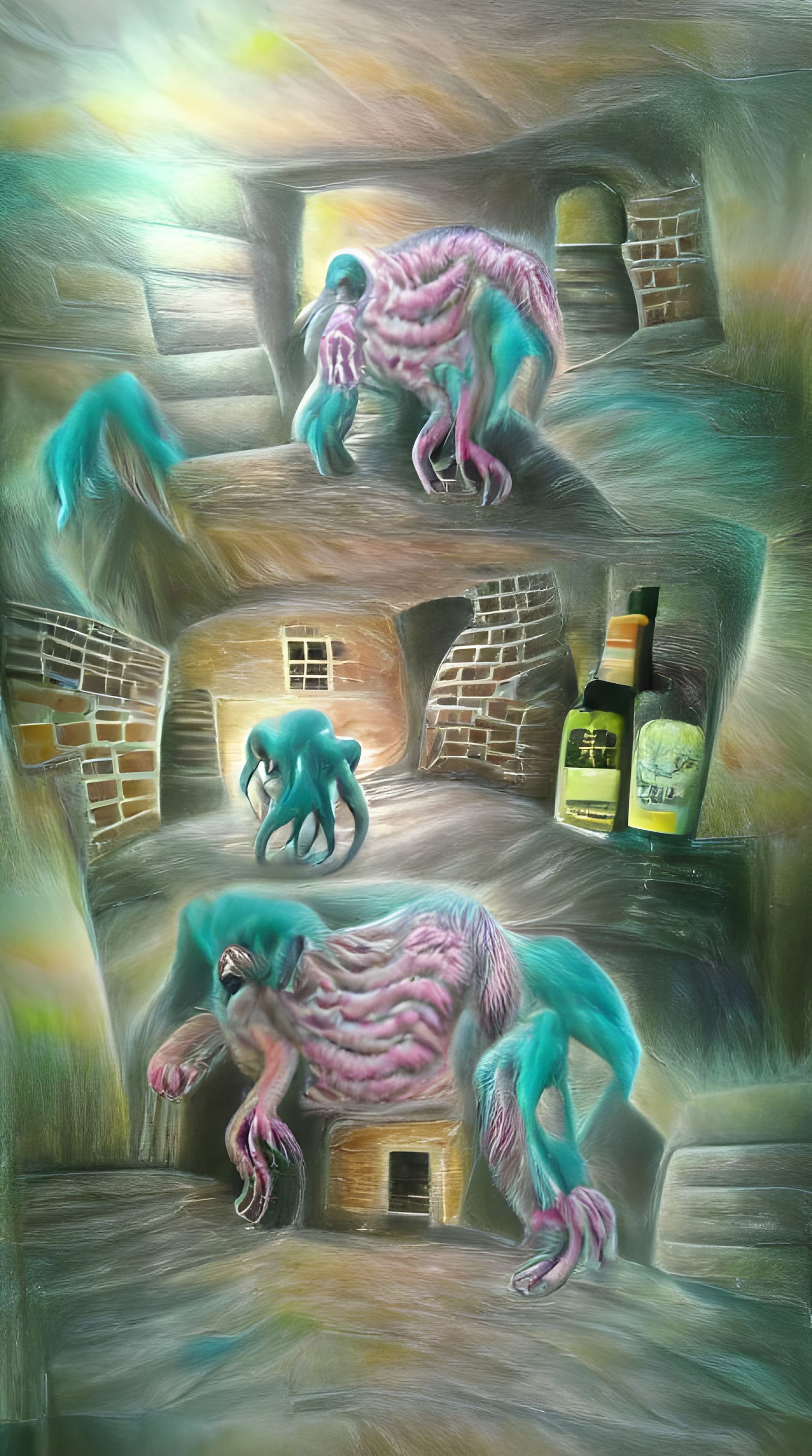 Pastel Lovecraftian Creature in Farmhouse Cellar