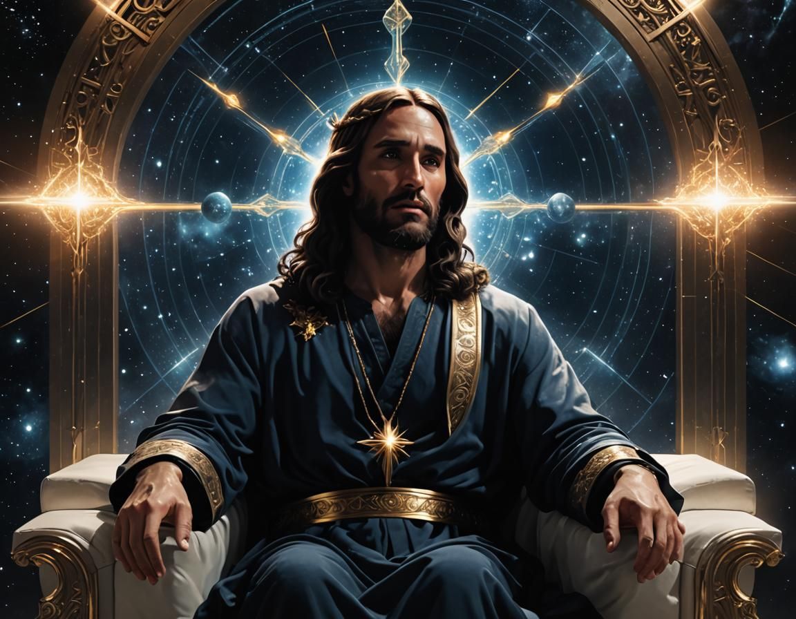 Contemplative Celestial Figure in Ethereal Lounge