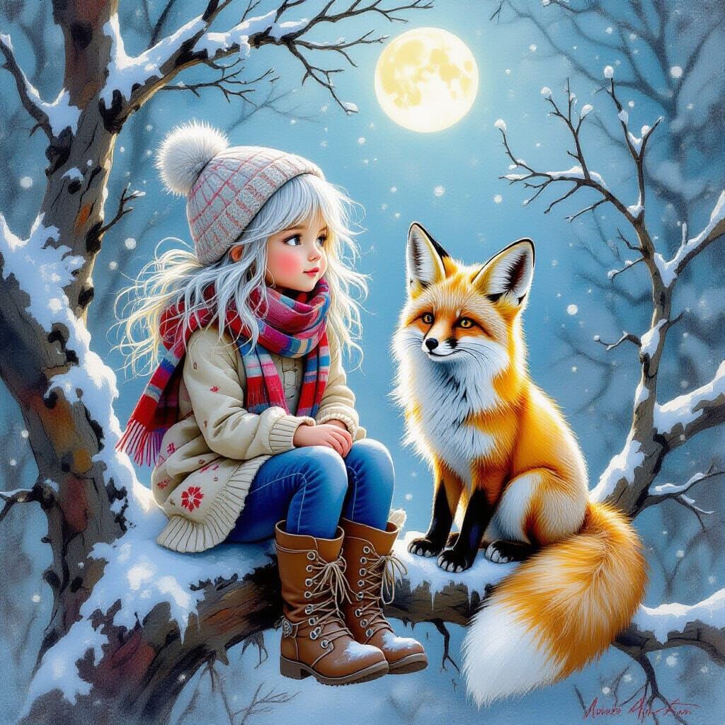 Bohemian Girl and Fennec Fox in Snowy Moonlight