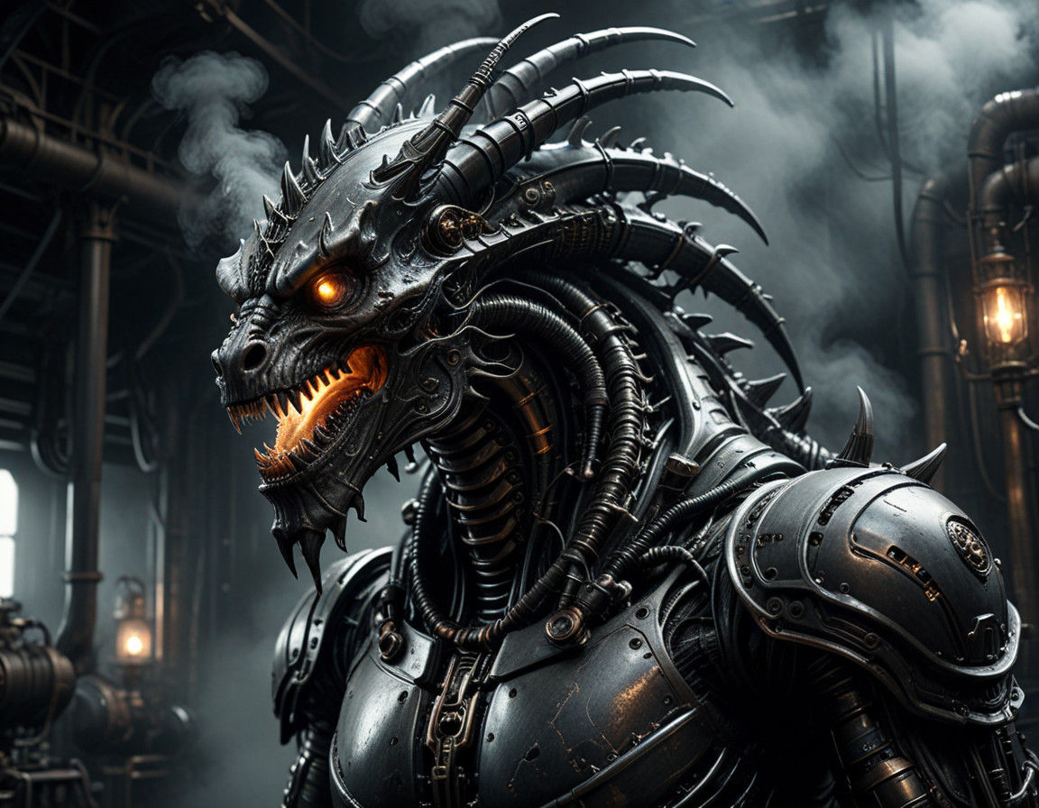 Cyberpunk Dragon Amidst Smoky Industrial Haze