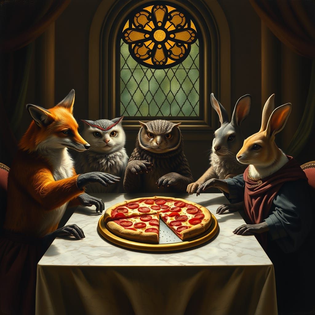 Animals Battle for Pizza in Renaissance Style