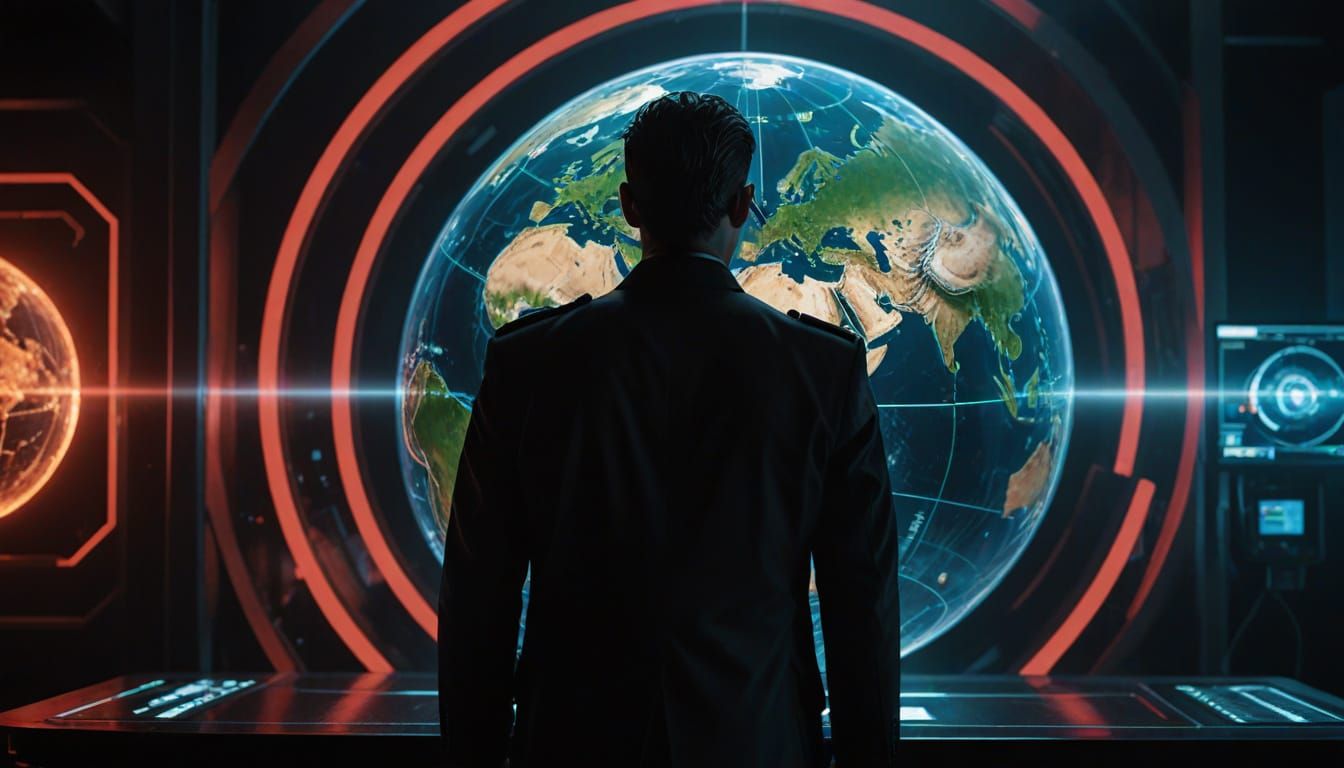 MIB Agent at Holographic Display in Neo-Noir Style