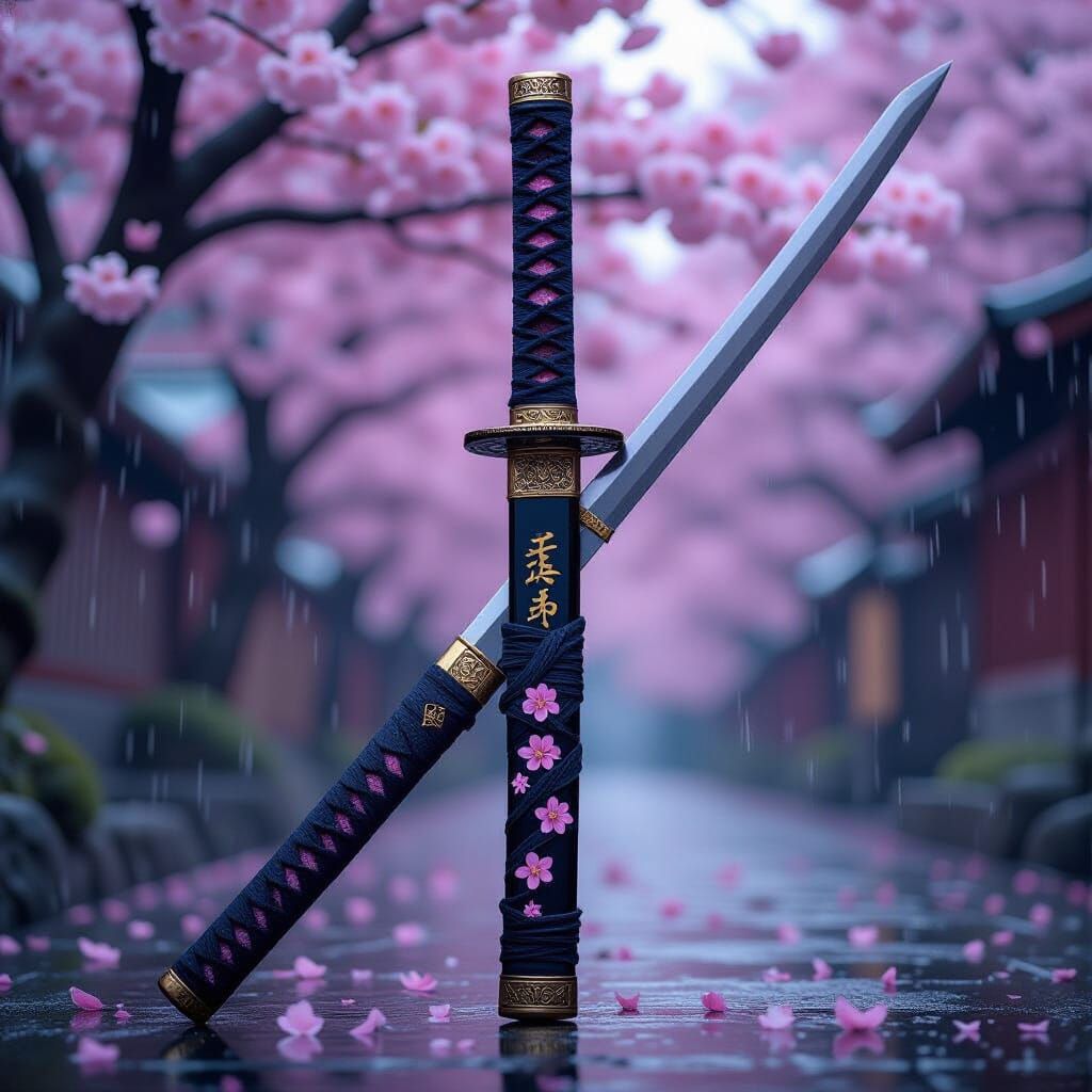 Katana in Rain with Sakura Blossoms