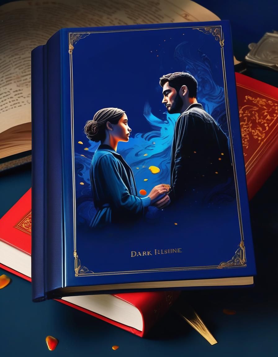 A closed book(dark blue cover) on a table with a bookmark poking out from the top, a picture of a couple on the cover.