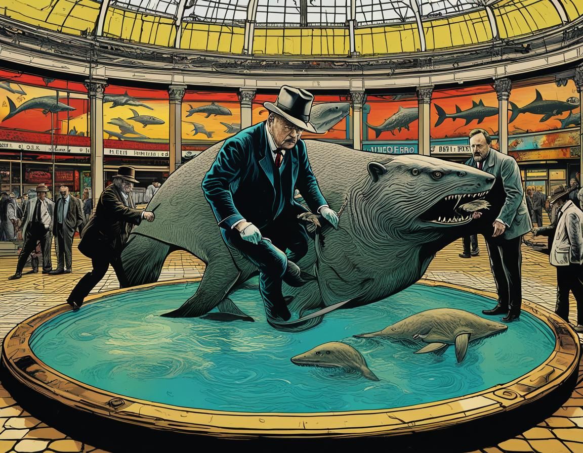 Theodore Roosevelt pulling a Beaver out of the gullet of a M...