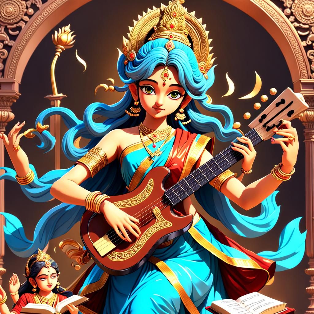 Goddess Saraswati with Veena in Anime Style