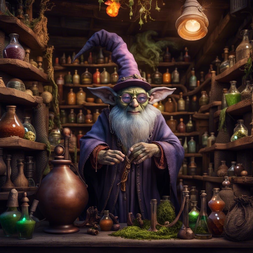 Goblin Wizard in Potion Shop: Fantasy Art