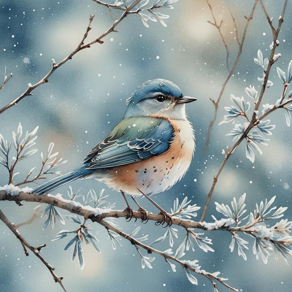 Winter Bird in Watercolor Wonderland