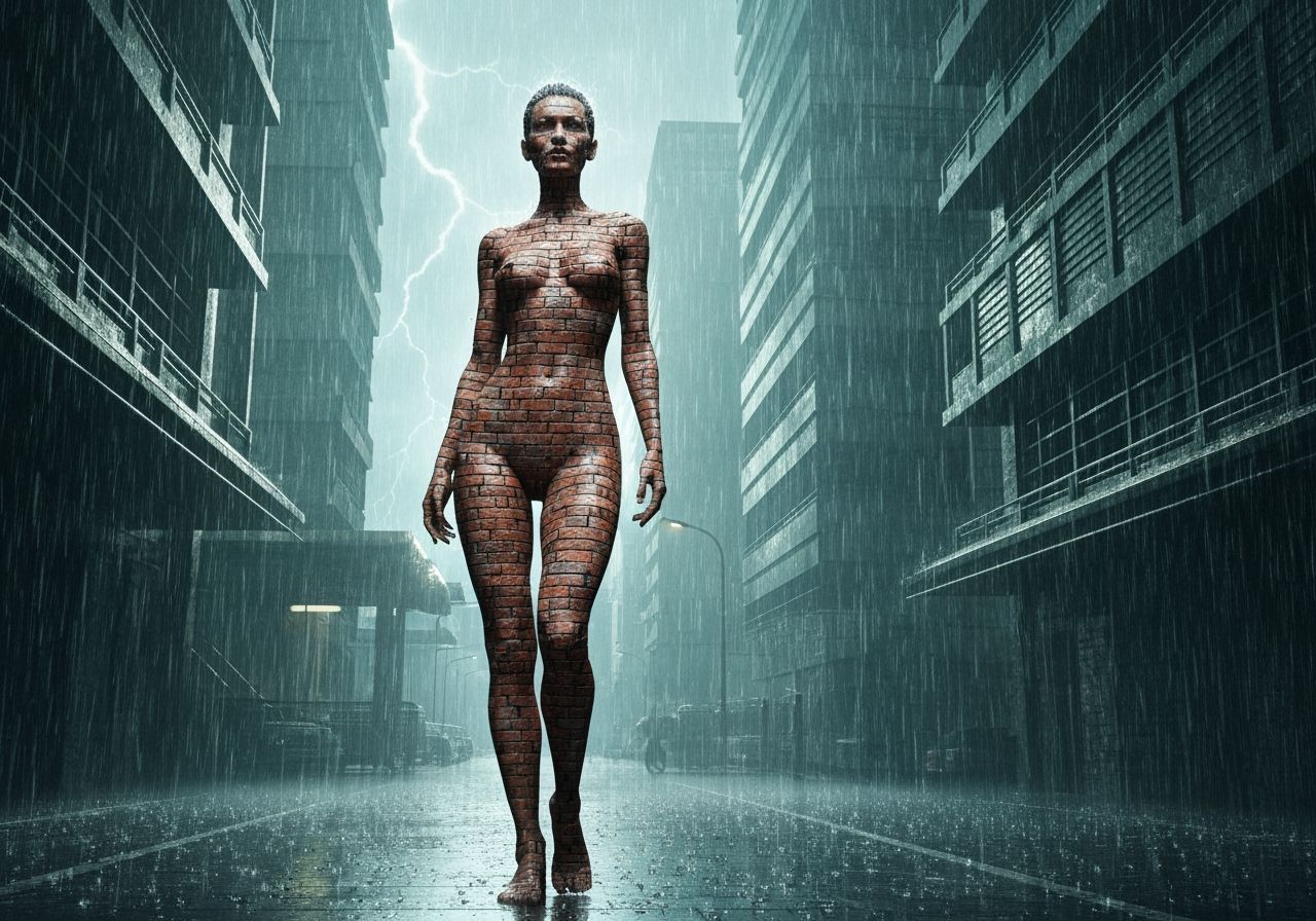 Avant-Garde Woman in Dystopian City Rain