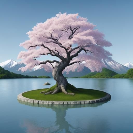 A beautiful ancient sakura tree in front of a lake. Mountain...