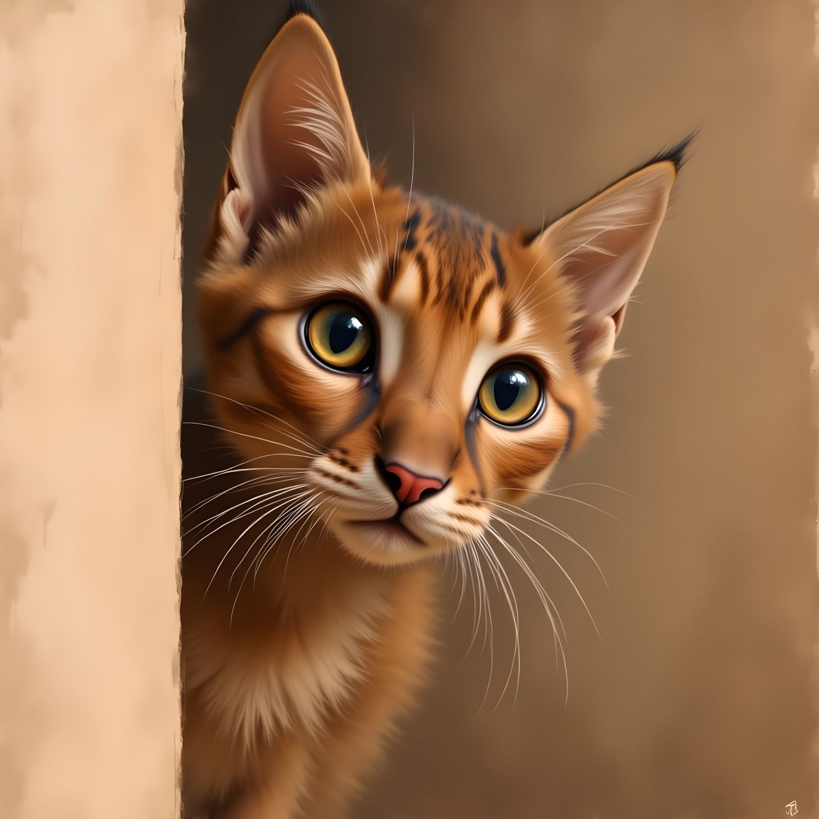 Curious Abyssinian Cat Peeking Around Corner in Grungy Style