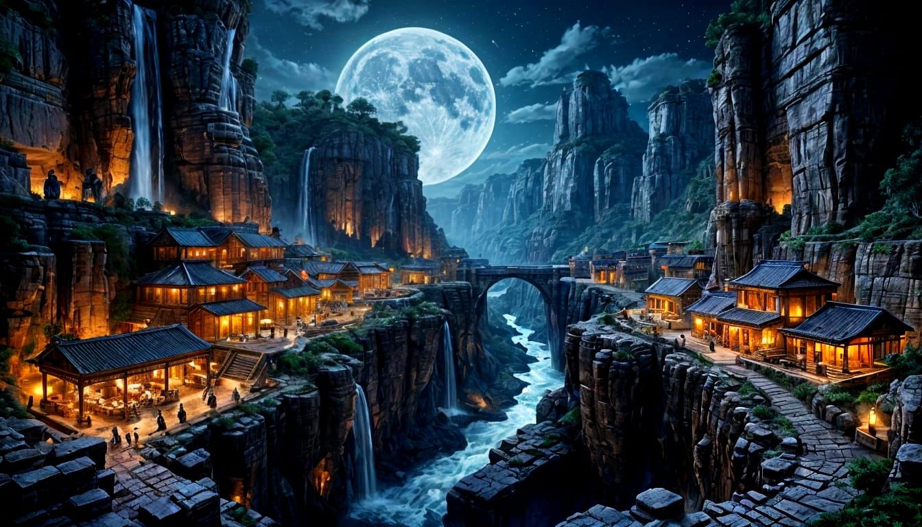 Ancient Canyon City Under Full Moon