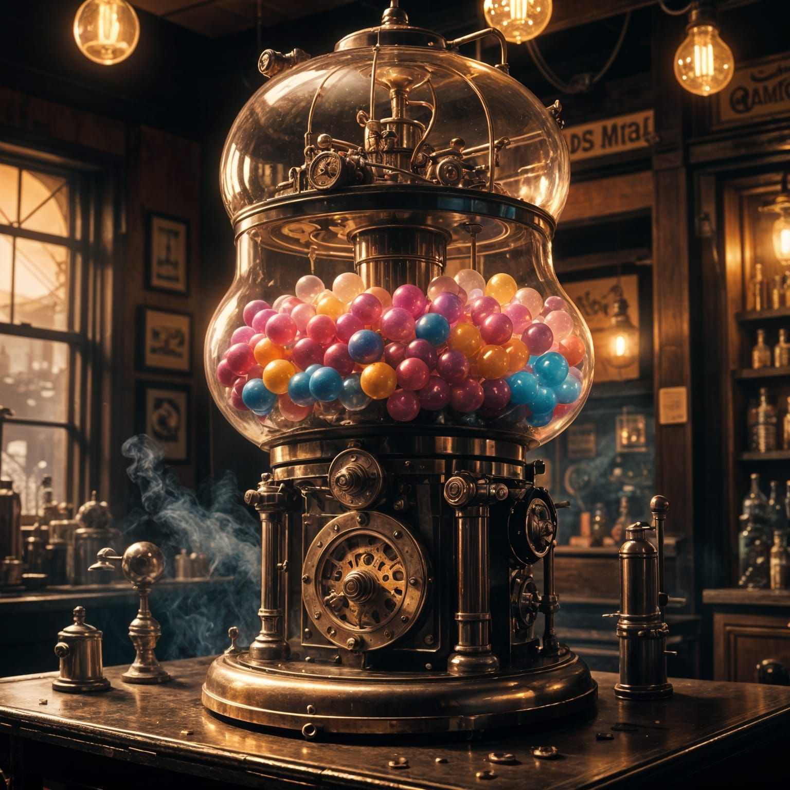 Epic Steampunk Soda Shop Counter with Retro Bubble Gum Machi...