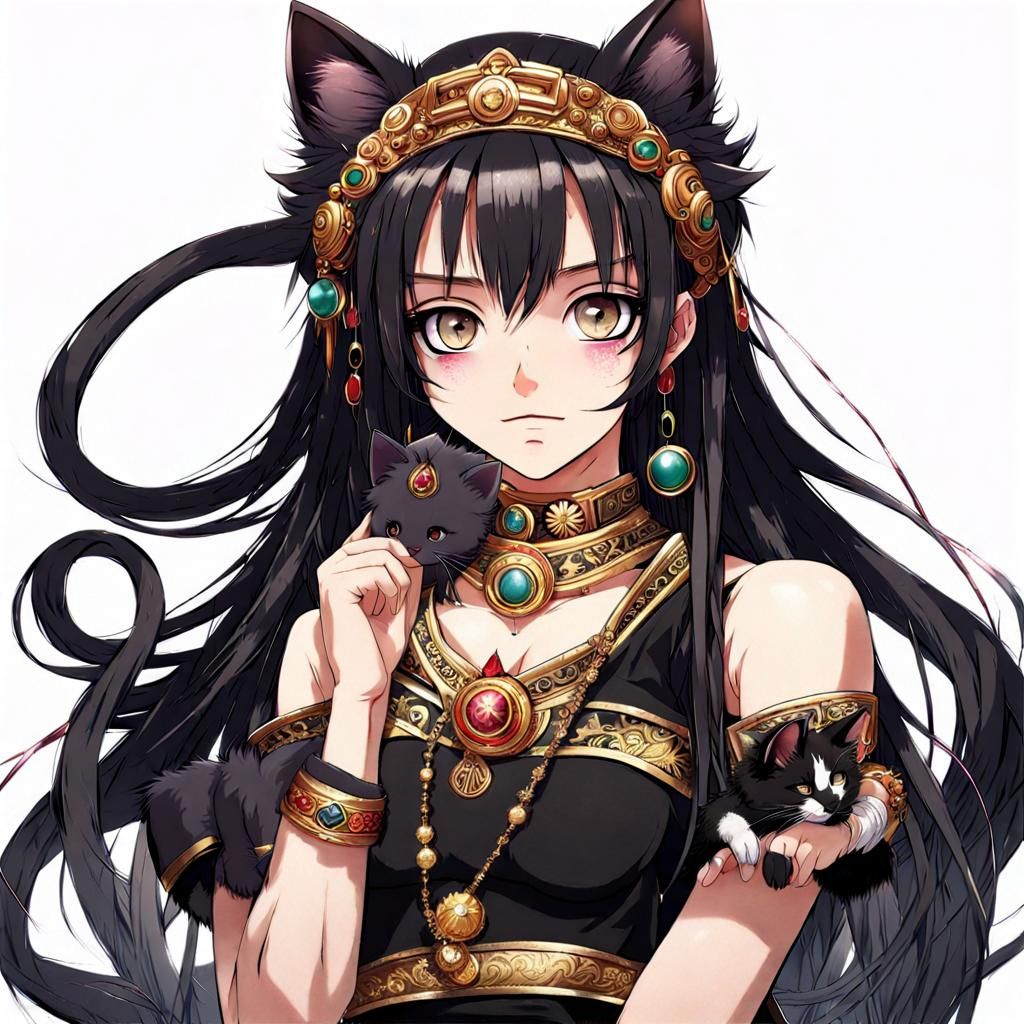 Anime Neko Girl with Black Hair and Cat Ears