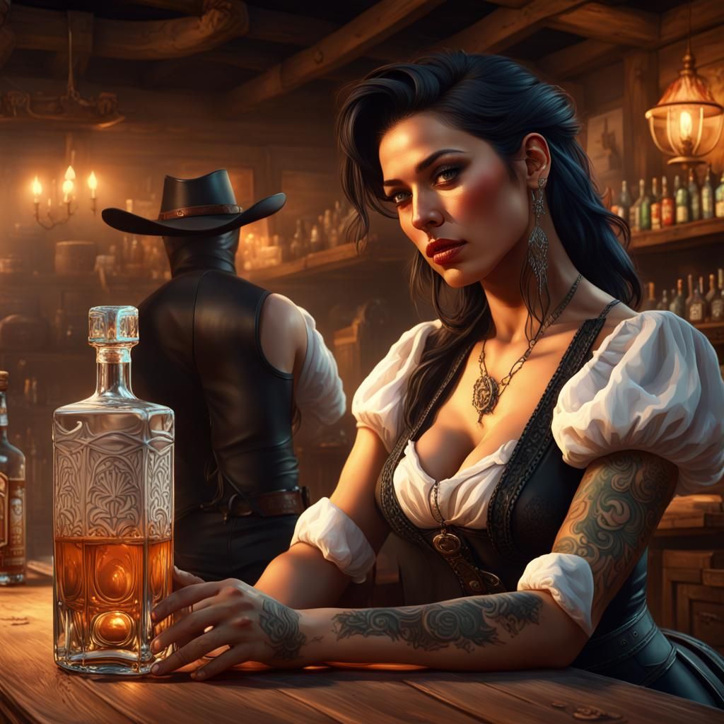 Latina Barmaid Serves Tequila, Dark Fantasy Art