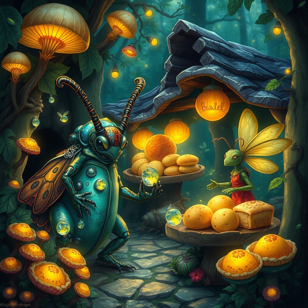 Whimsical Forest Marketplace with Iridescent Creatures