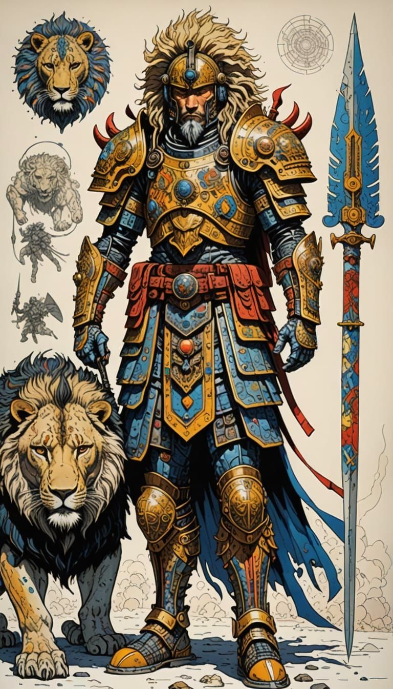 Surreal Warrior in Lion-Themed Armor