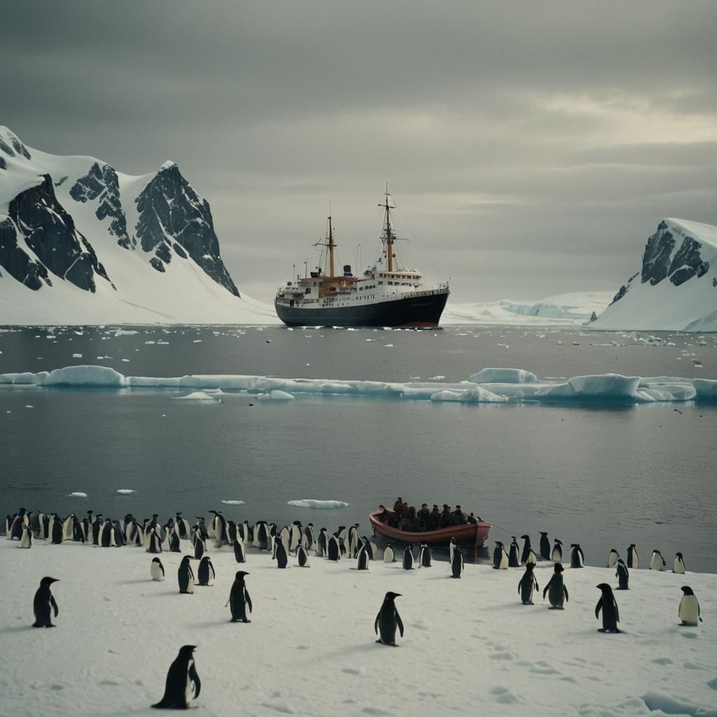 Penguins on a Boat in Antarctic Ocean
