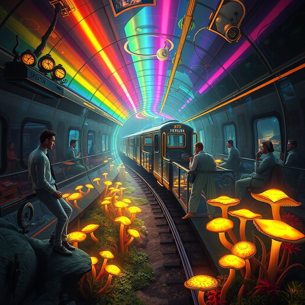Silver Train Journey Through Bioluminescent Forest