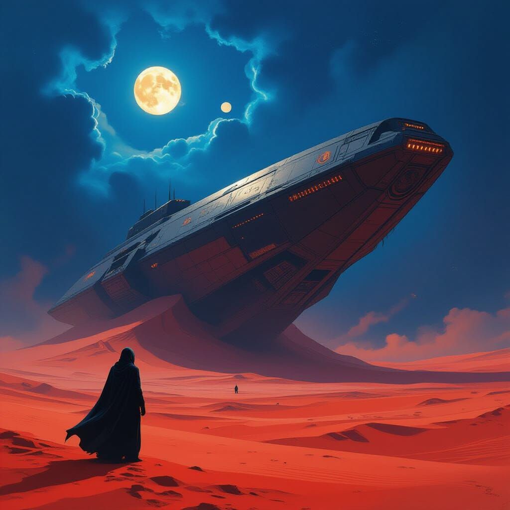 Cloaked Figure Gazing at Alien Spaceship Concept Art