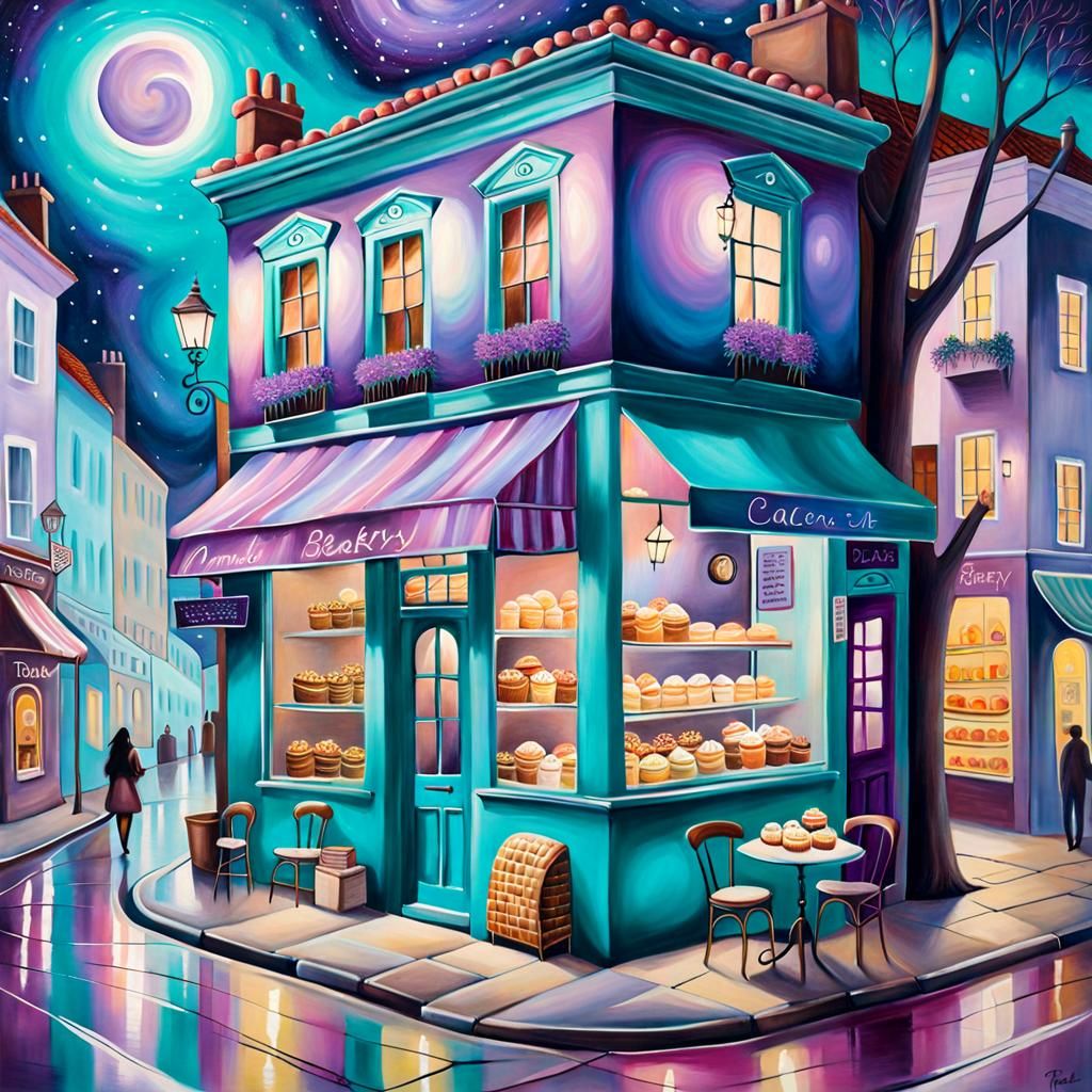 Colorful Whimsical Bakery in Pop Folk Surrealism