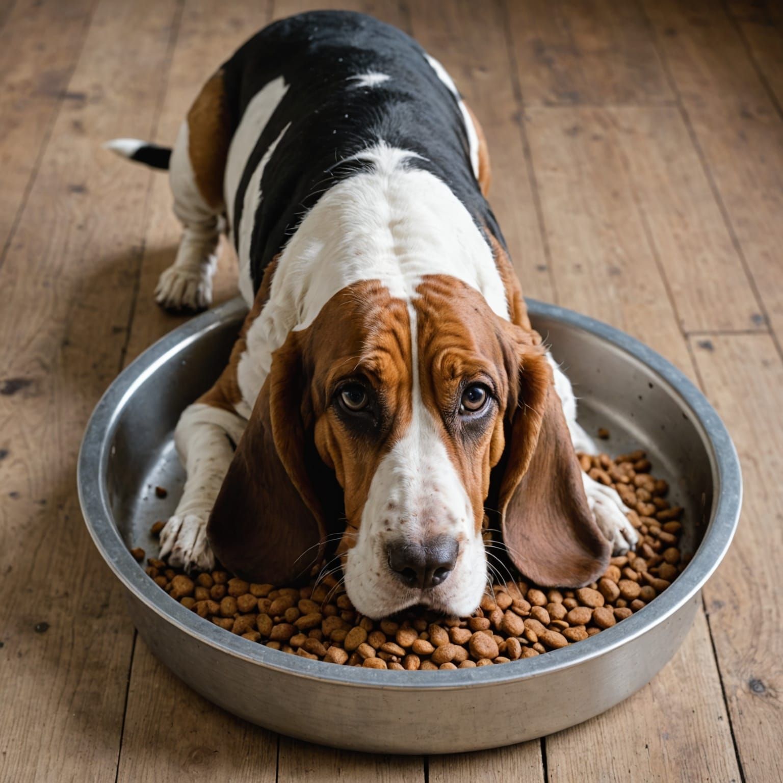 Basset Hound Looks Up From Empty Food Dish
