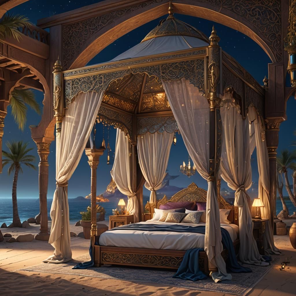Arabian Canopy Bed on a Night Seashore: 3D Render