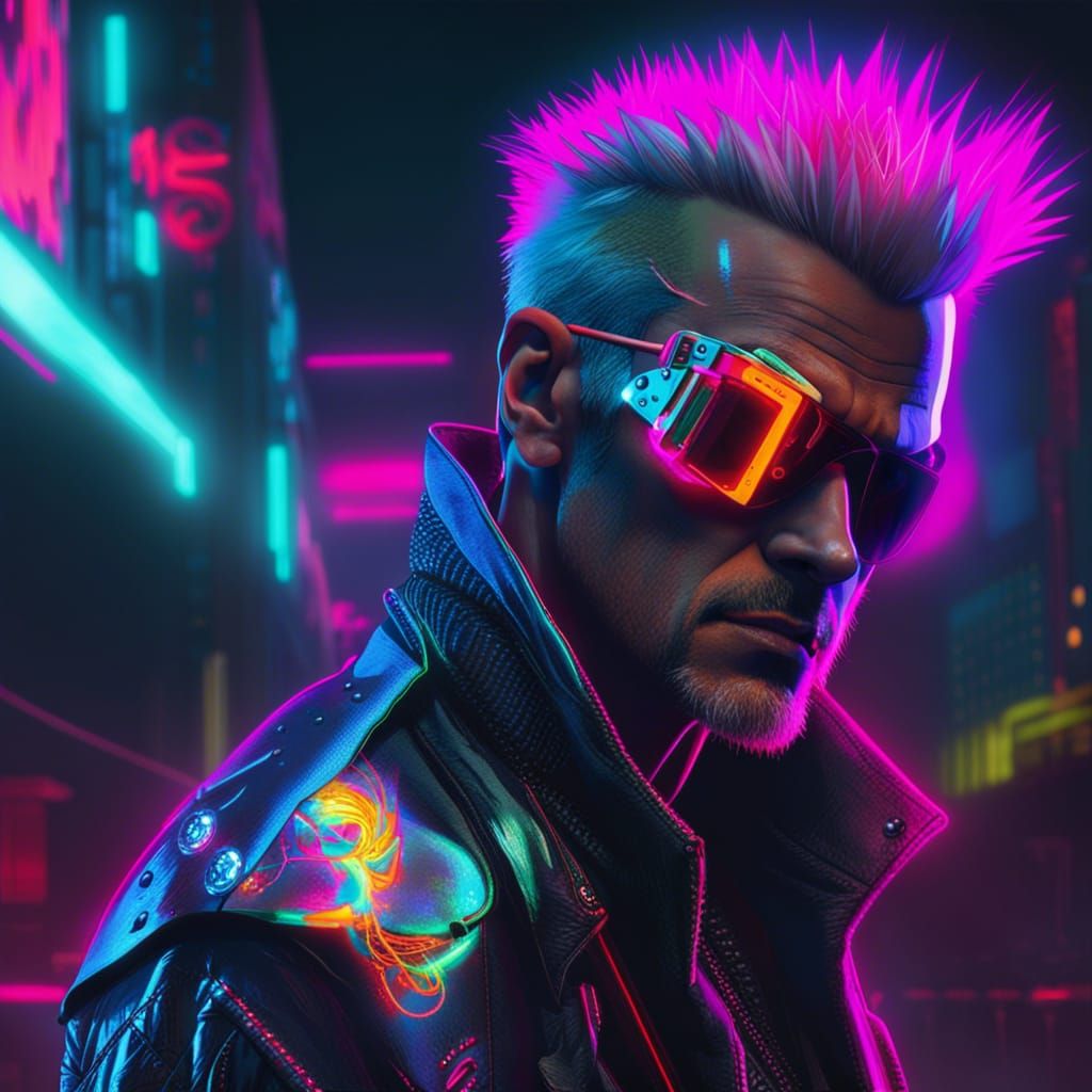 Cyberpunk Holographic Billy Idol in Neon Cityscape
