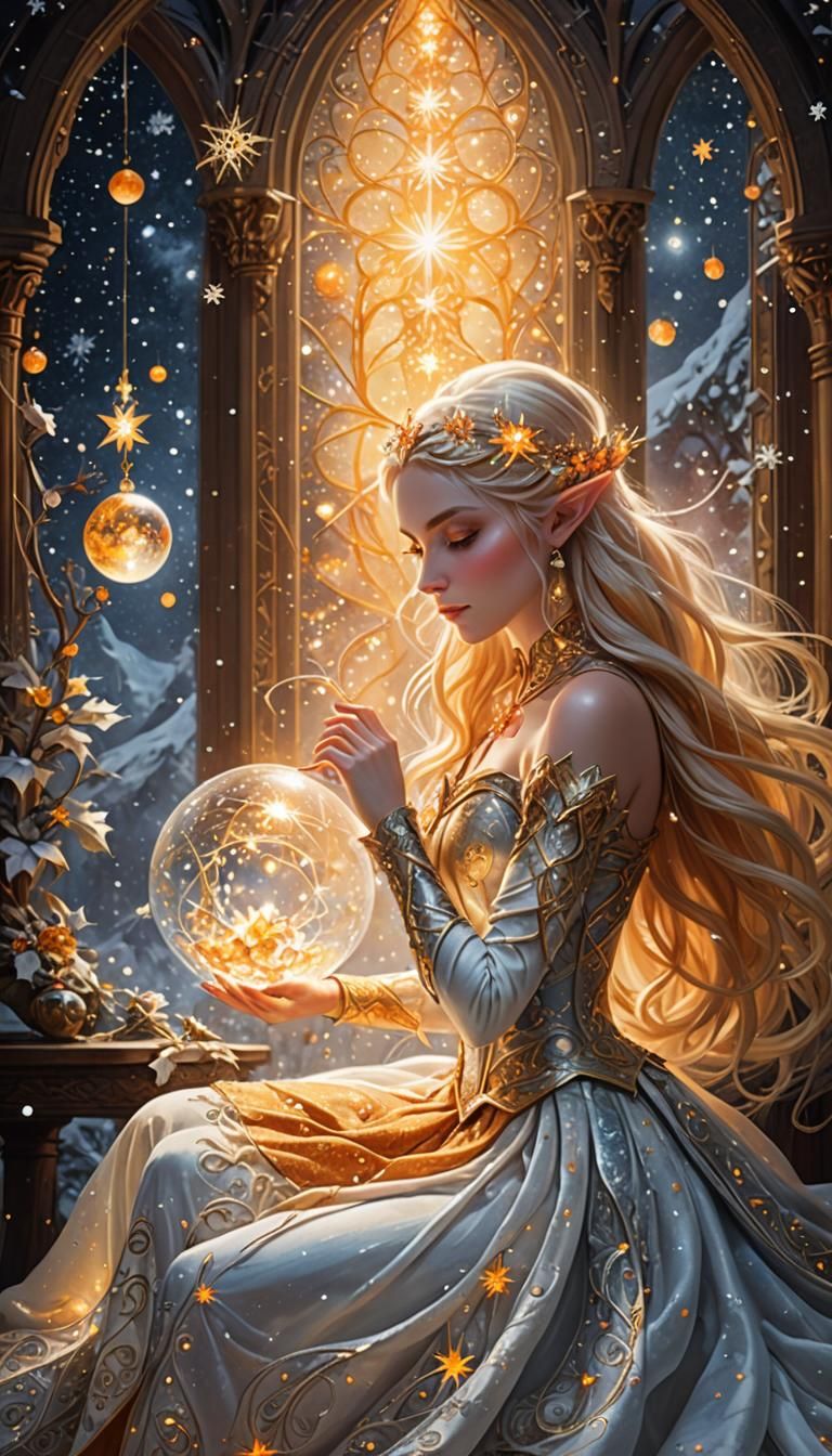 A golden-haired elf girl intently focuses on a mystical orb,...