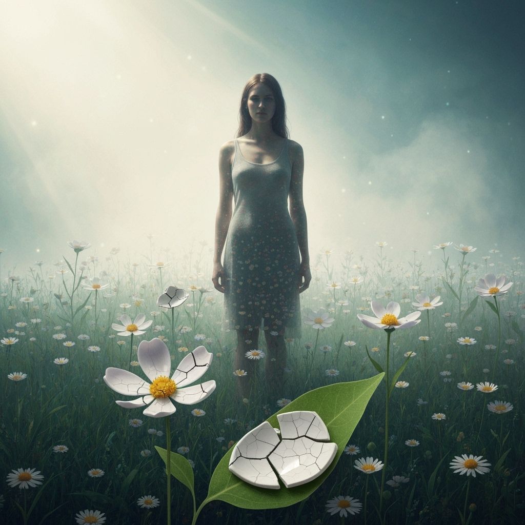 Woman in Misty Wildflower Field with Ceramic Elements