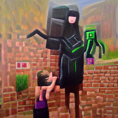 Enderman Protects Steve from Creeper: Oil Painting