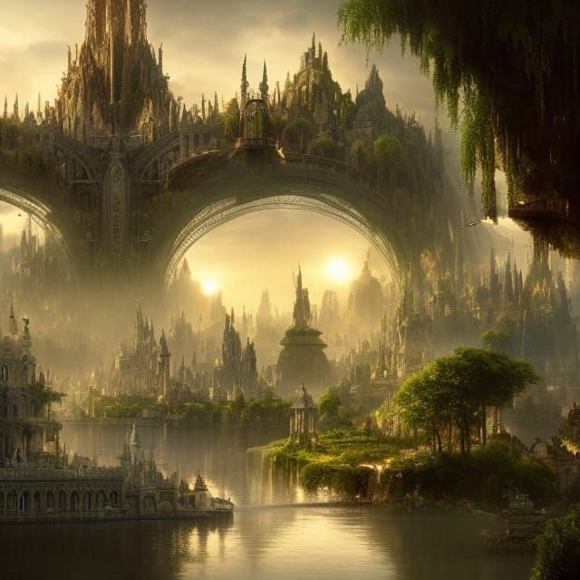 Utopian City of Light with Floating Gardens