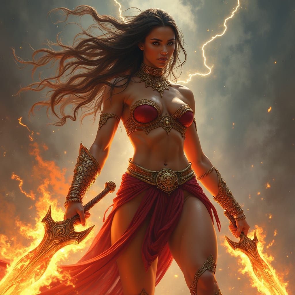 Surreal Amazonian Warrior Goddess in Fiery, Futuristic Fanta...