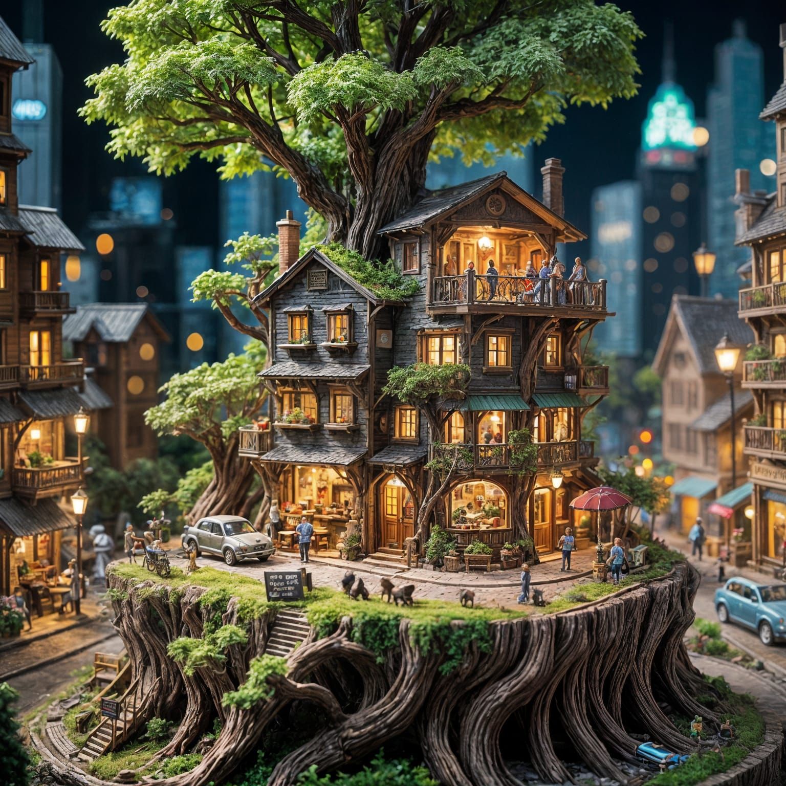 Miniature City Inside Tree Trunk, Hyperrealistic