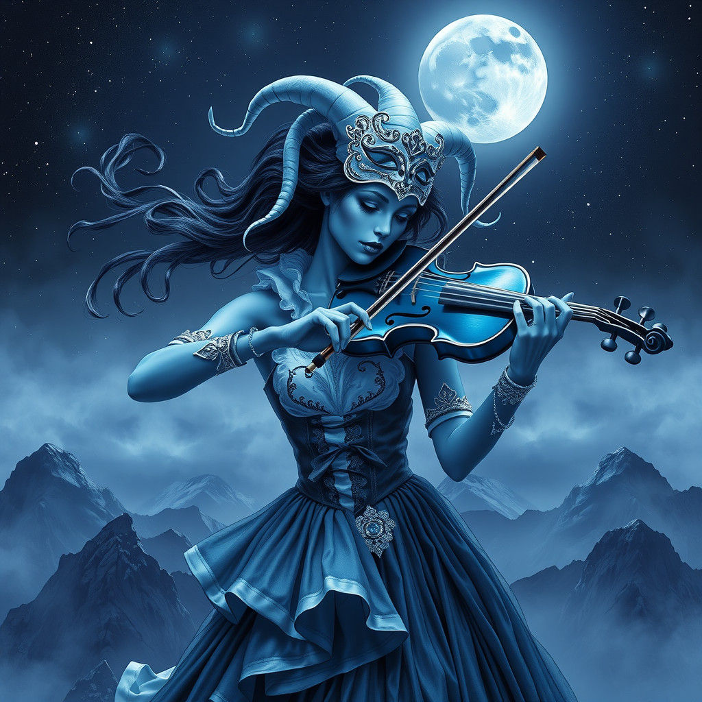 Blue Gothic Woman Plays Violin Under Starry Sky