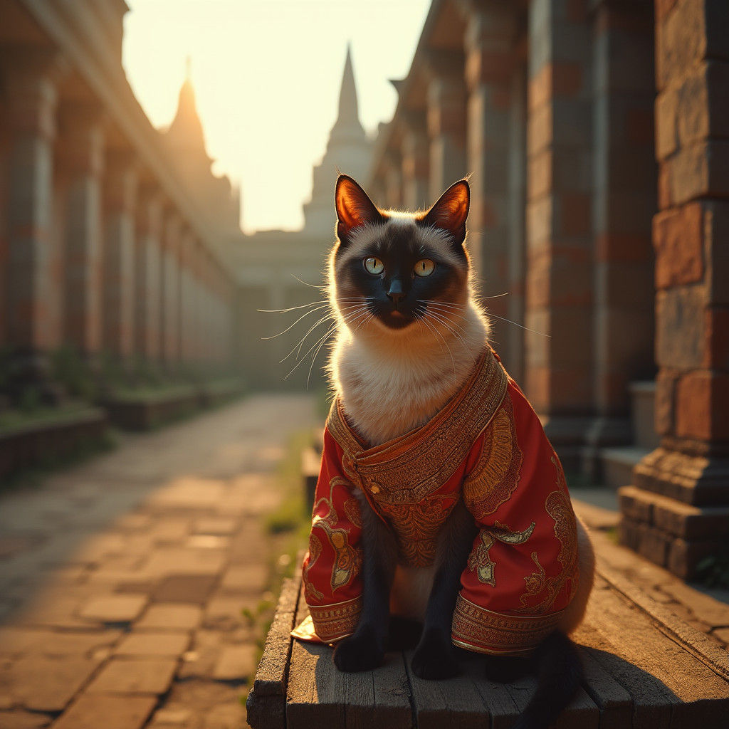 Siamese Cat in Thai Dress Amidst Ancient Ruins