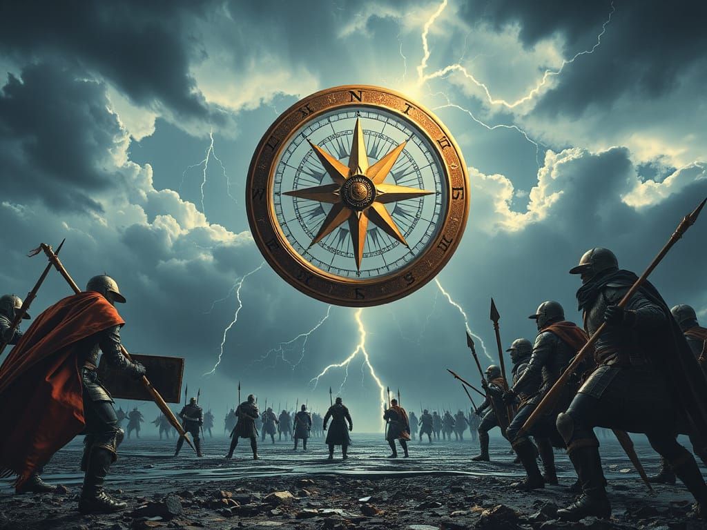 Cosmic Compass Over Battlefield in Dystopian Sci-Fi Style