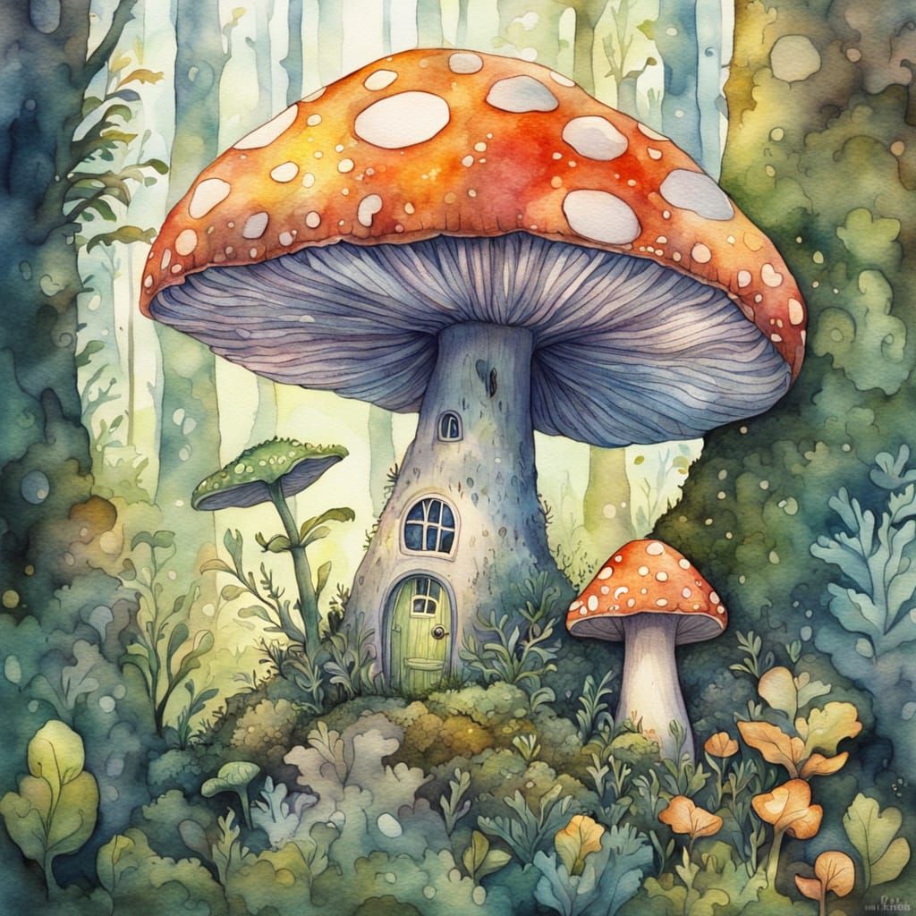 Whimsical Creature Behind Giant Mushroom in Watercolor