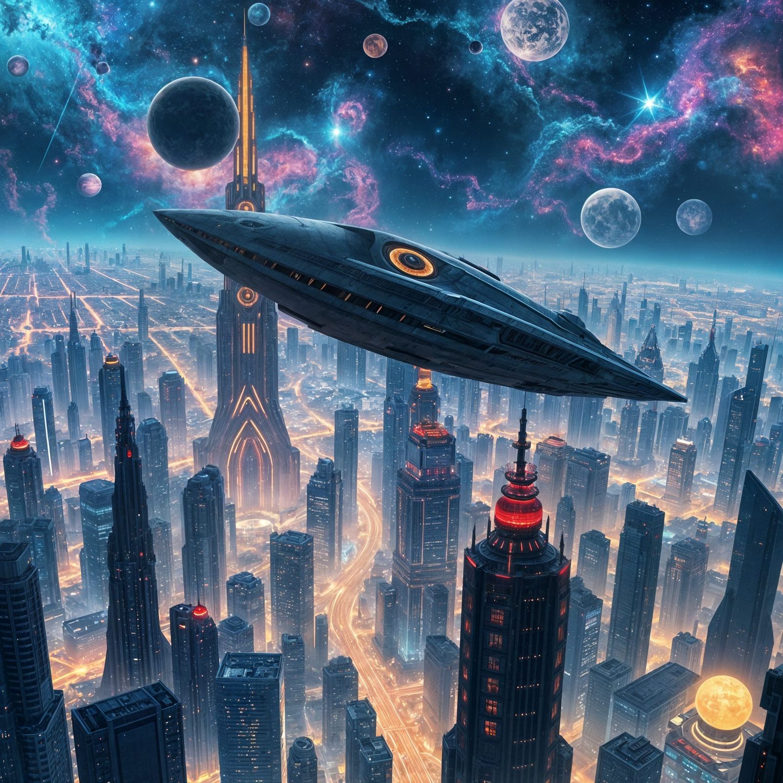 Starship Over Alien Cityscape in Anime Style