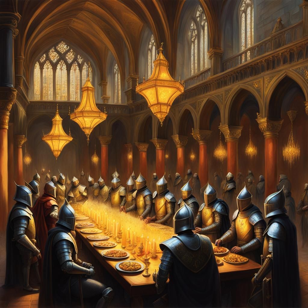 Knights Gather in Grand Hall: Digital Painting