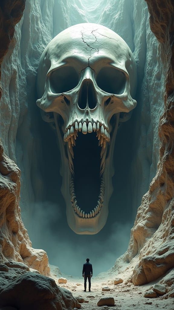 Lone Figure Before Colossal Skull in Alien Cavern